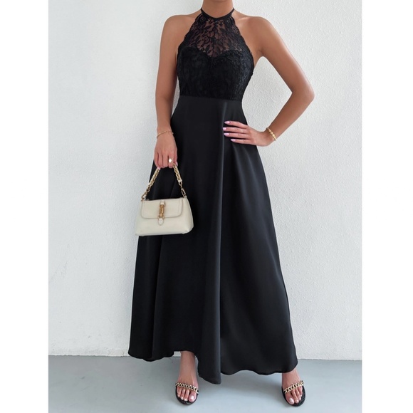 Black Elegant Maxi Dress Lace Halter Neckline Tie Back Backless Flared Long - Picture 6 of 10